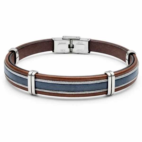 Bracelet en acier - cuir italien marron et bleu foncé, câbles acier - largeur 10mm - 21,5cm ajustable