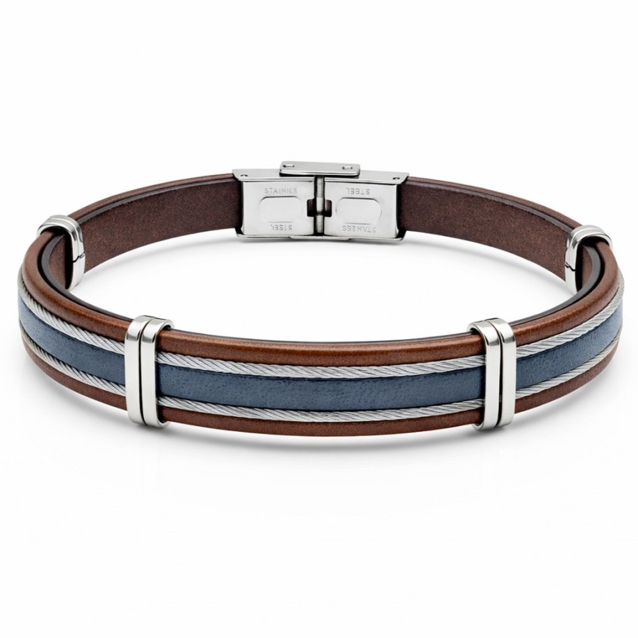 Bracelet en acier - cuir italien marron et bleu foncé, câbles acier - largeur 10mm - 21,5cm ajustable
