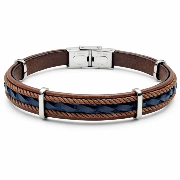 Bracelet en acier - cuir italien marron, tressé bleu et cordon marron - largeur 12mm - 21,5cm ajustable