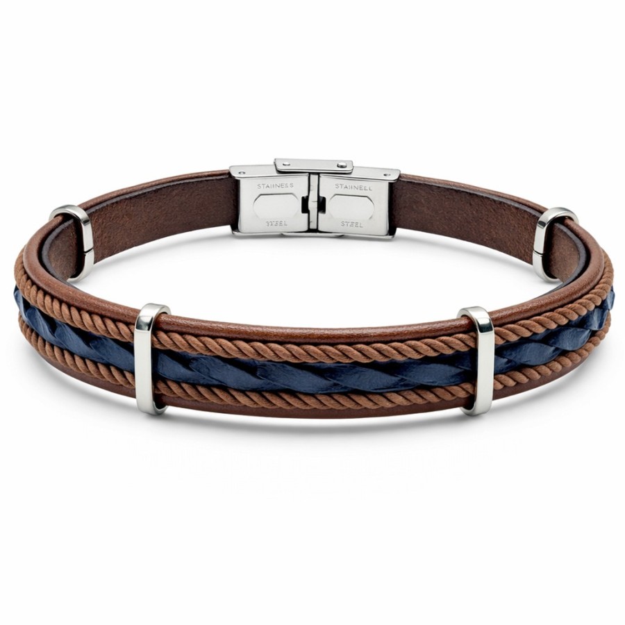 Bracelet en acier - cuir italien marron, tressé bleu et cordon marron - largeur 12mm - 21,5cm ajustable