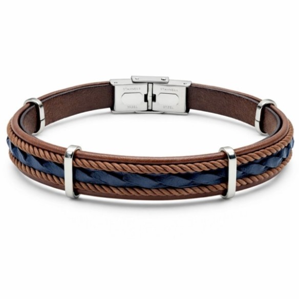 Bracelet en acier - cuir italien marron, tressé bleu et cordon marron - largeur 12mm - 21,5cm ajustable
