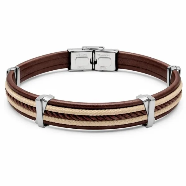 Bracelet en acier - cuir italien marron, cordon lisse beige et tressé marron - largeur 10mm - 21,5cm ajustable