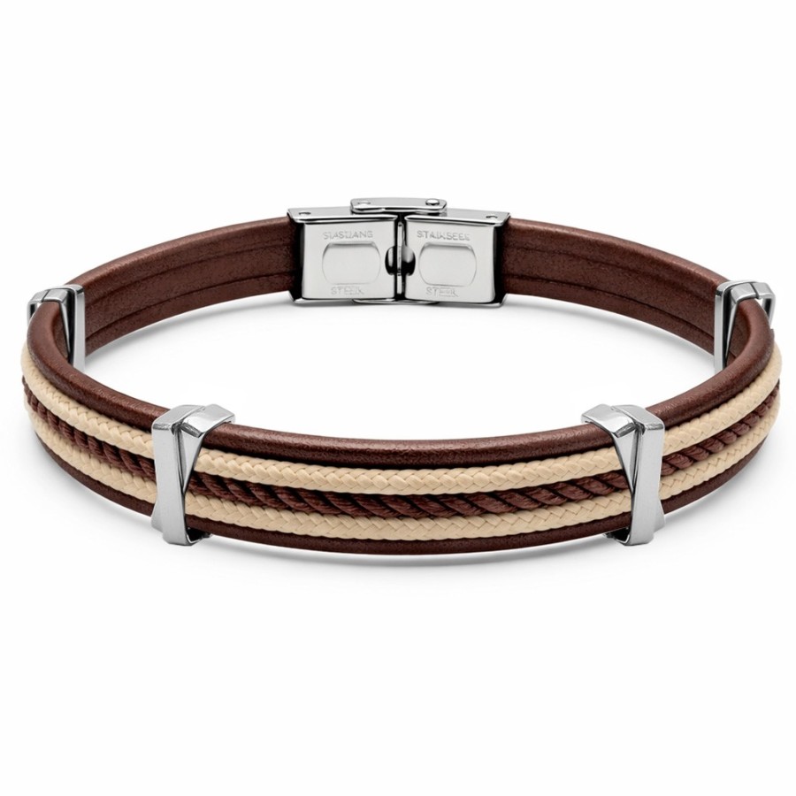 Bracelet en acier - cuir italien marron, cordon lisse beige et tressé marron - largeur 10mm - 21,5cm ajustable