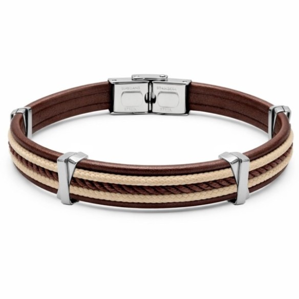 Bracelet en acier - cuir italien marron, cordon lisse beige et tressé marron - largeur 10mm - 21,5cm ajustable