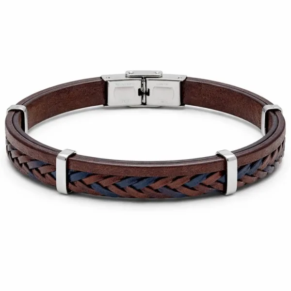 Bracelet en acier - cuir italien 2 rangs marron et tressé marron et bleu foncé - largeur 10mm - 21,5cm ajustable