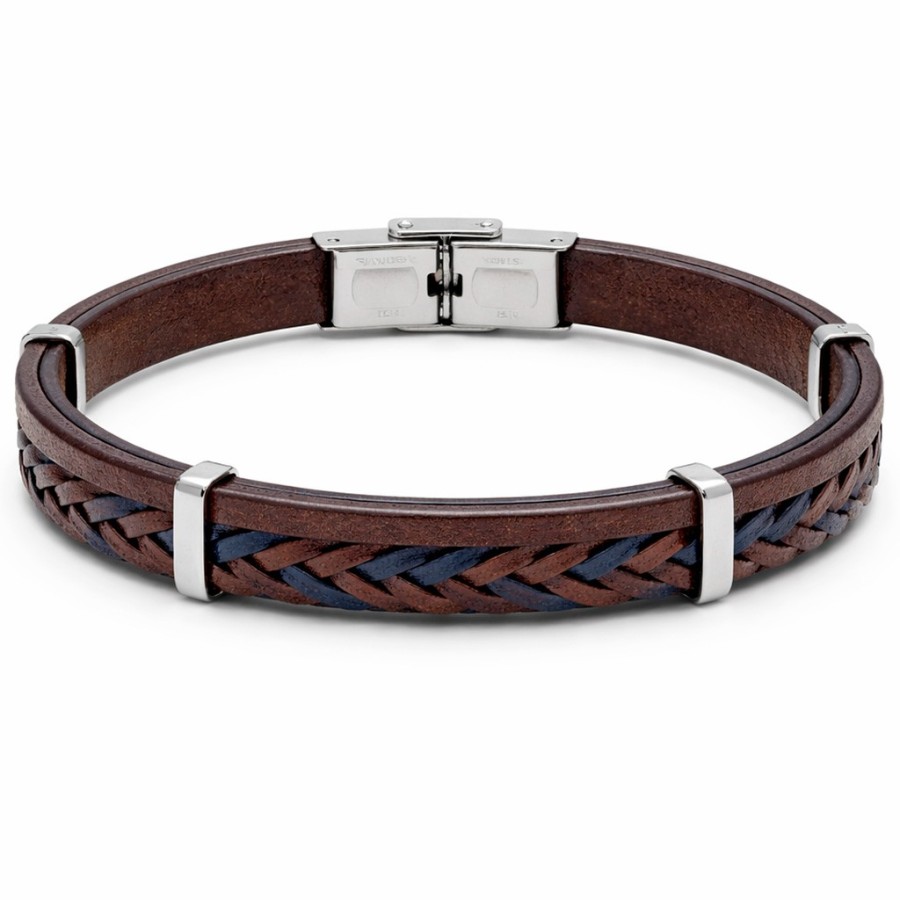 Bracelet en acier - cuir italien 2 rangs marron et tressé marron et bleu foncé - largeur 10mm - 21,5cm ajustable