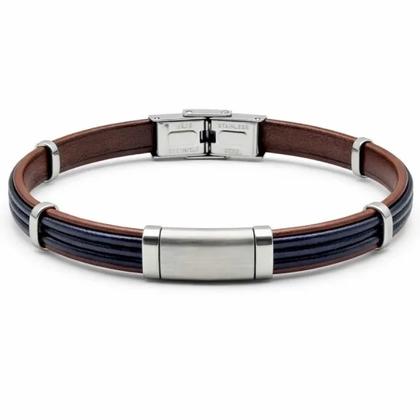 Bracelet en acier - cuir italien marron et bleu foncé - largeur 8mm - 21,5cm ajustable