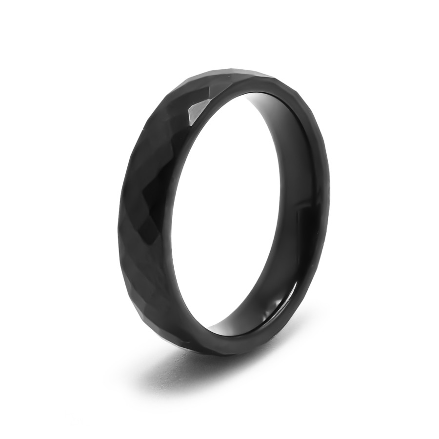 Bague tungstène - finition facettée pvd noir - largeur 4mm - Toltek