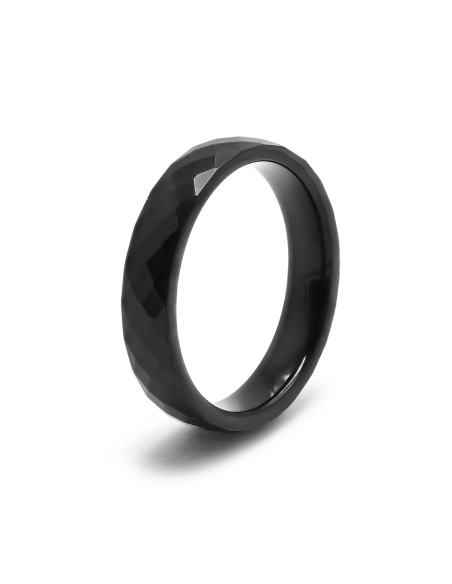 Bague tungstène - finition facettée pvd noir - largeur 4mm - Toltek