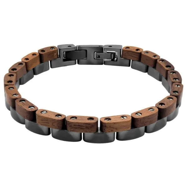 Bracelet en acier inoxydable IP Gunmetal et bois de noyer – largeur 10 mm – 19,5 + 1,5 cm