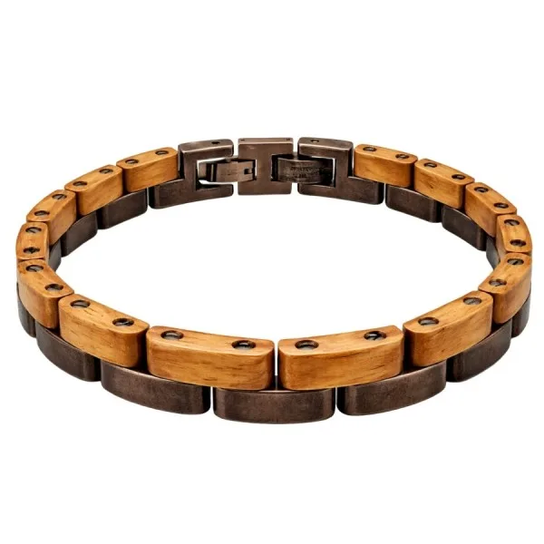 Bracelet en acier inoxydable finition cuivre antique et bois de teck – largeur 10 mm – 19,5 + 1,5 cm