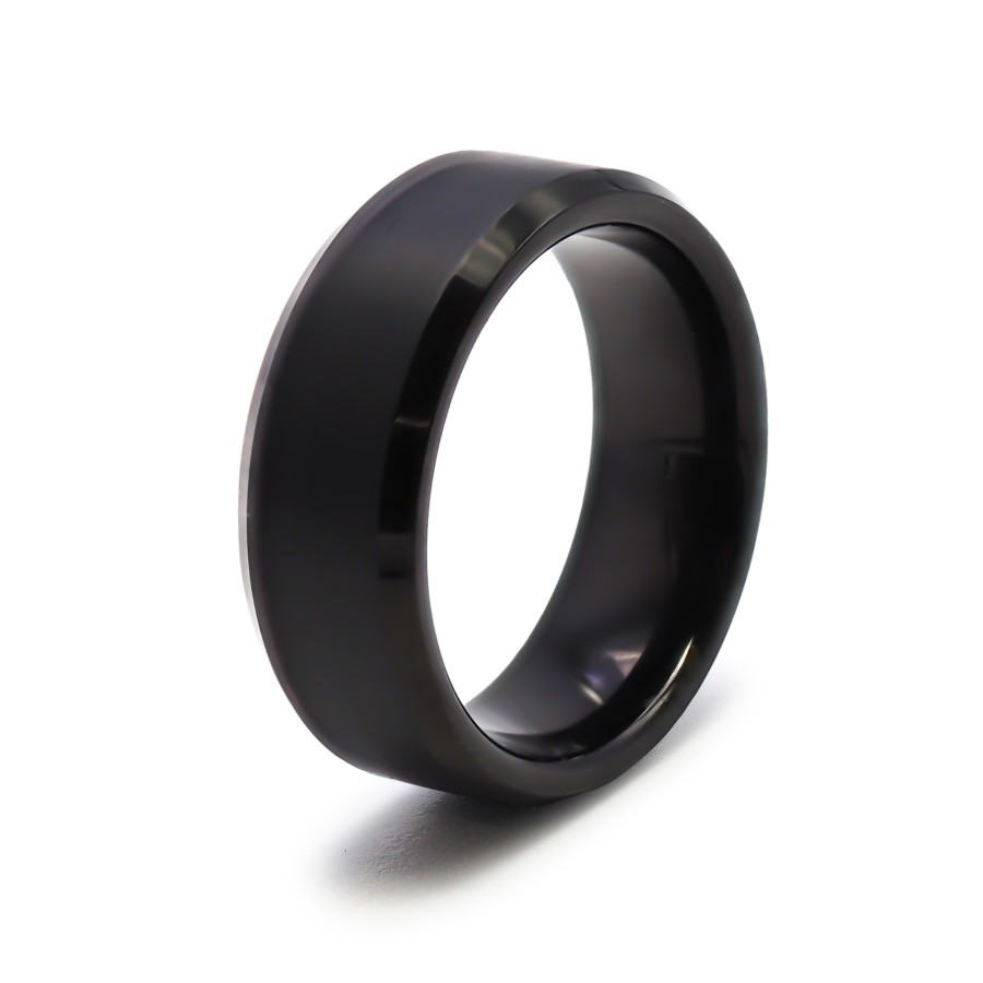 Bague tungstène - pvd noir - finition brossé - bord biseauté - larg...