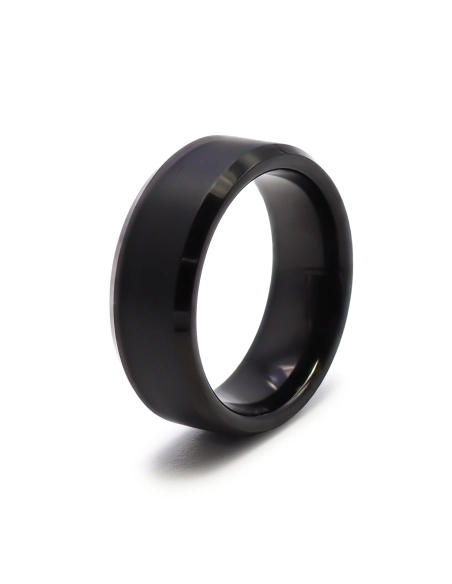 Bague tungstène - pvd noir - finition brossé - bord biseauté - larg...