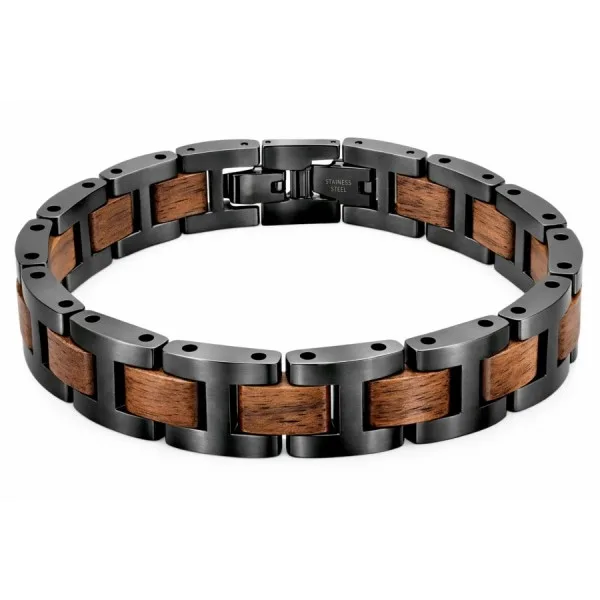 Bracelet en acier inoxydable IP Gunmetal et bois de noyer – largeur 12 mm – 19,5 + 1,5 cm