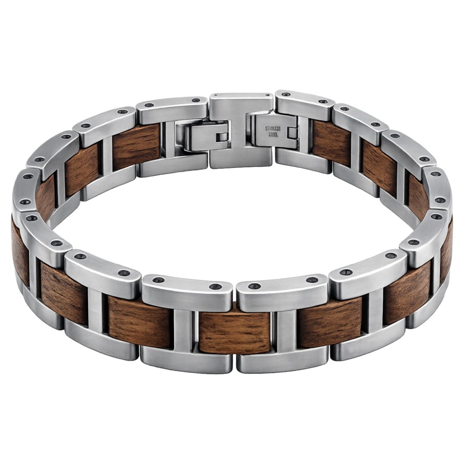 Bracelet en acier inoxydable IP argent et bois de noyer – largeur 12 mm – 19,5 + 1,5 cm