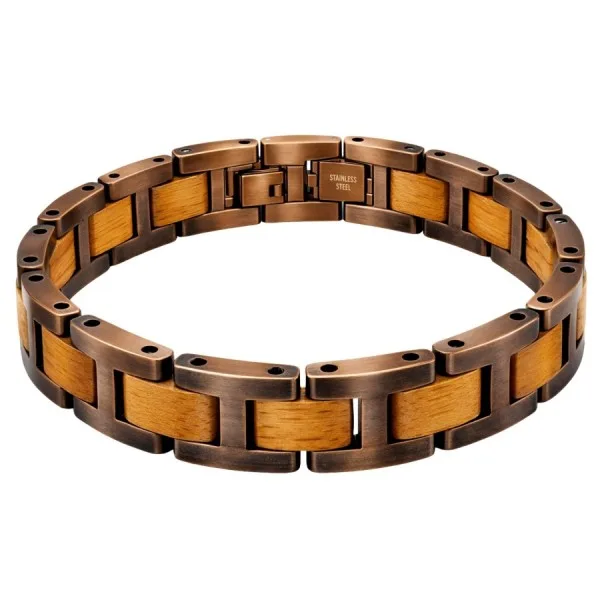 Bracelet en acier inoxydable finition cuivre antique et bois de teck – largeur 12 mm – 19,5 + 1,5 cm