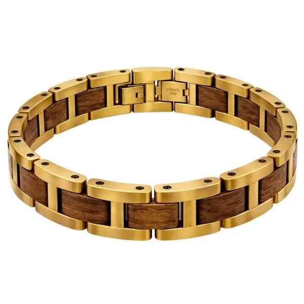 Bracelet en acier inoxydable IP doré et bois de kosso – largeur 12 mm – 19,5 + 1,5 cm