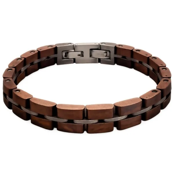 Bracelet en acier inoxydable finition argent vieilli et bois naturel – largeur 10 mm – 19,5 + 1,5 cm