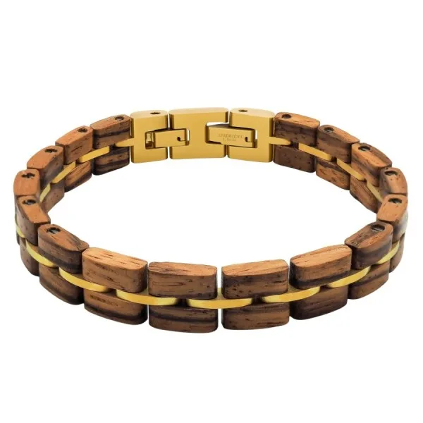 Bracelet en acier inoxydable finition dorée et bois zébré – largeur 10 mm – 19,5 + 1,5 cm