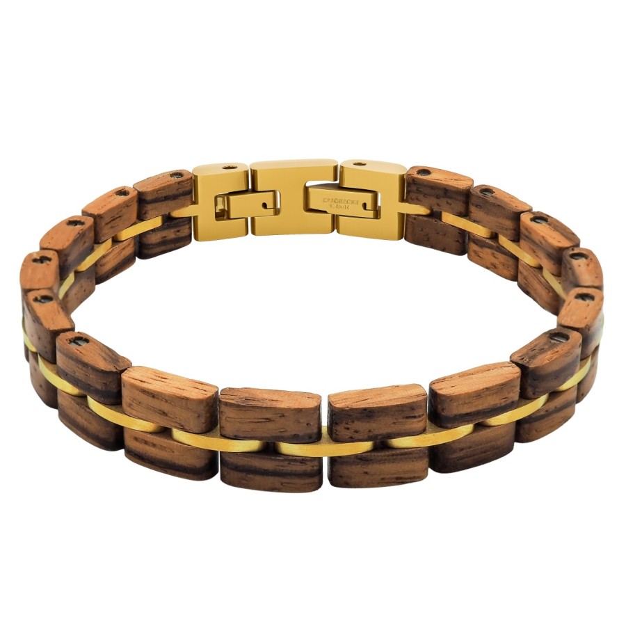 Bracelet en acier inoxydable finition dorée et bois zébré – largeur 10 mm – 19,5 + 1,5 cm
