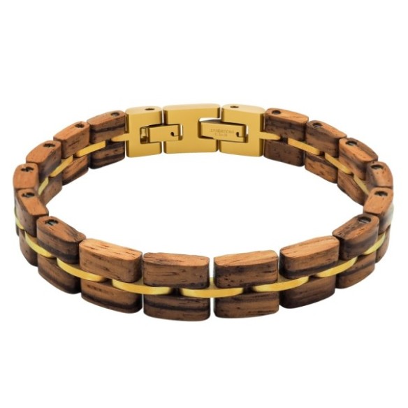 Bracelet en acier inoxydable finition dorée et bois zébré – largeur 10 mm – 19,5 + 1,5 cm