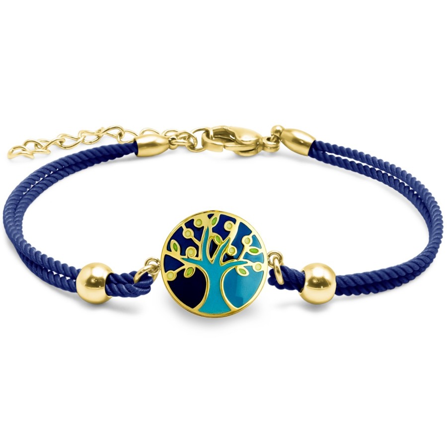 Bracelet acier PVD doré coton bleu foncé - email - diamètre 15mm - 15+5cm