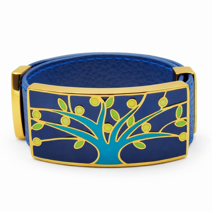 Bracelet acier PVD doré cuir bleu foncé - email - largeur 2cm - réglable