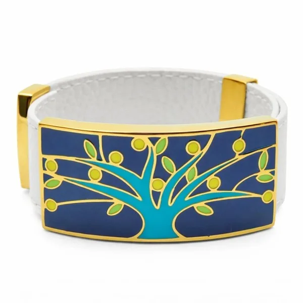 Bracelet acier PVD doré cuir blanc - email - largeur 2cm - réglable
