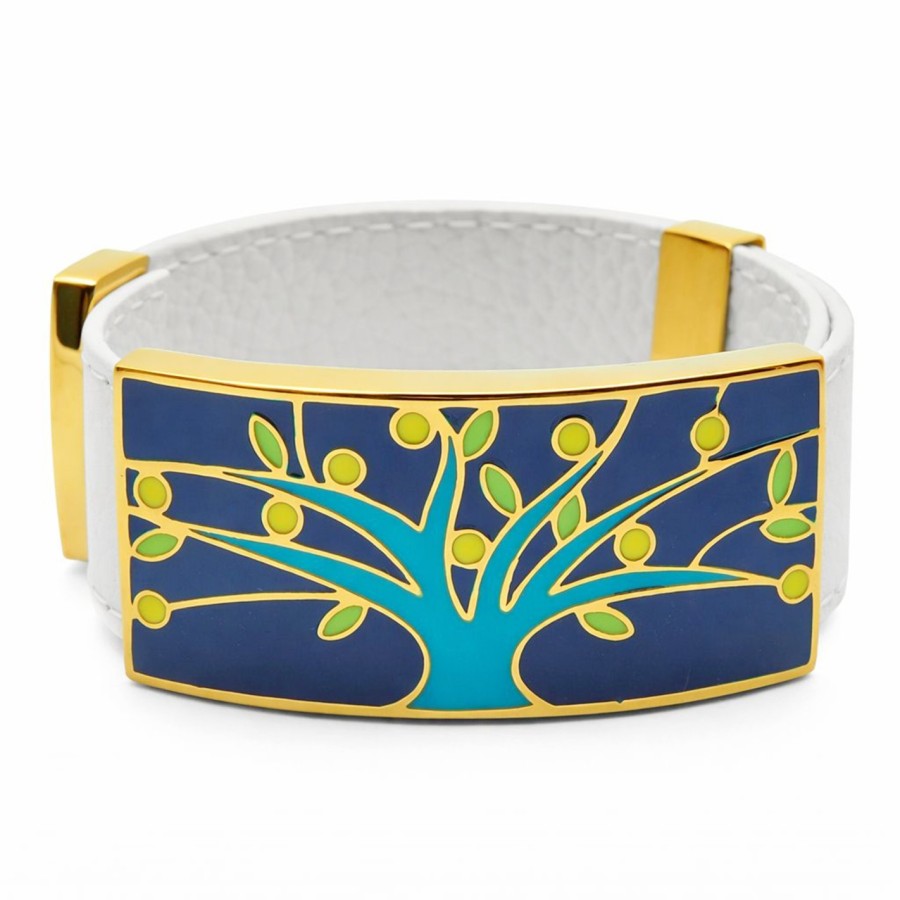Bracelet acier PVD doré cuir blanc - email - largeur 2cm - réglable