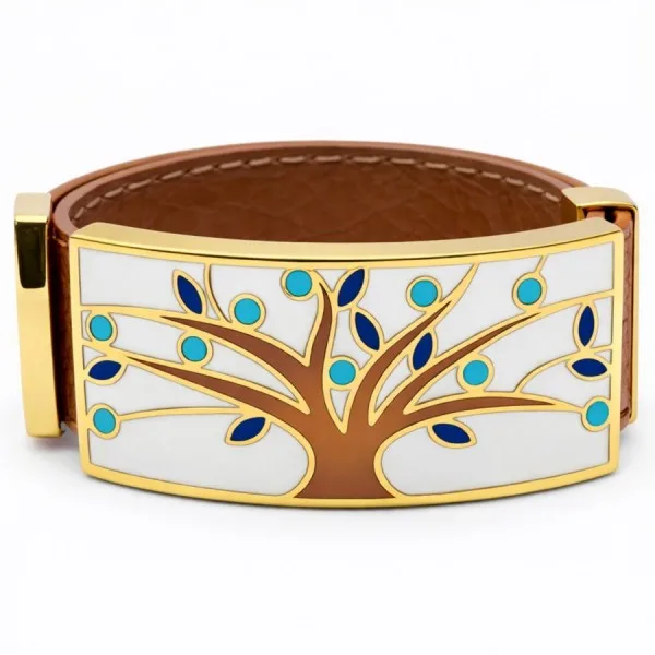 Bracelet acier PVD doré cuir marron - email - largeur 2cm - réglable