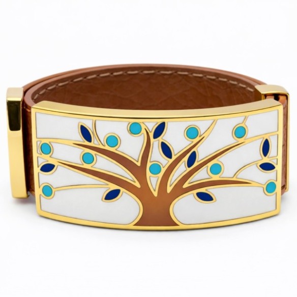 Bracelet acier PVD doré cuir marron - email - largeur 2cm - réglable