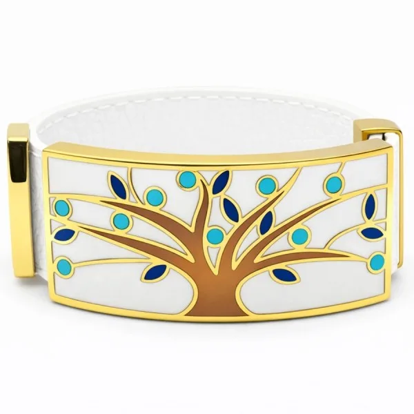Bracelet acier PVD doré cuir blanc - email - largeur 2cm - réglable