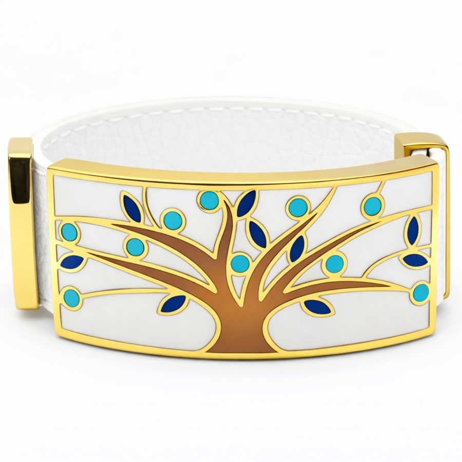 Bracelet acier PVD doré cuir blanc - email - largeur 2cm - réglable