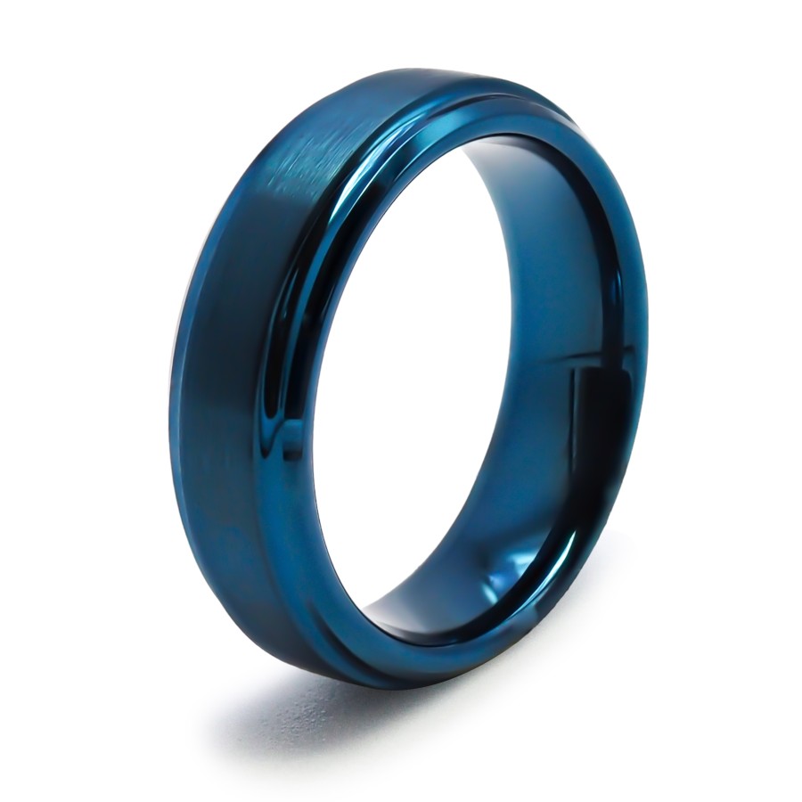 Bague Tungstène PVD Bleu - finition brossé - largeur 6mm - bords bi...