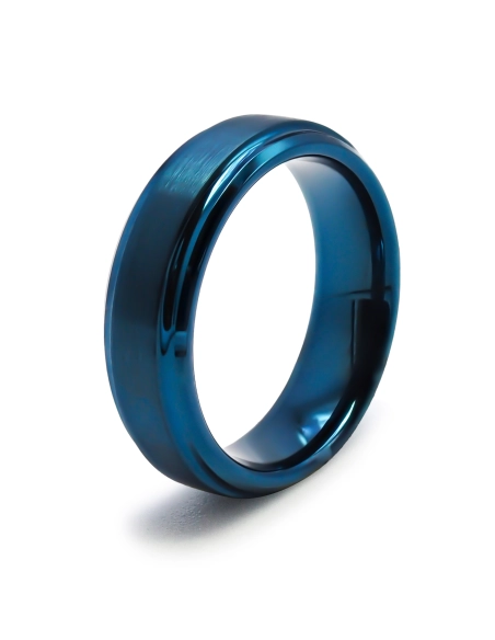 Bague Tungstène PVD Bleu - finition brossé - largeur 6mm - bords bi...