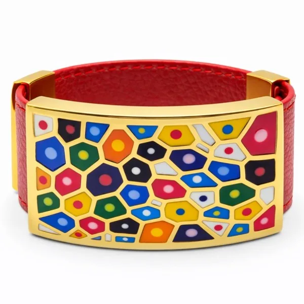 Bracelet acier PVD doré cuir rouge - email - largeur 2cm - réglable