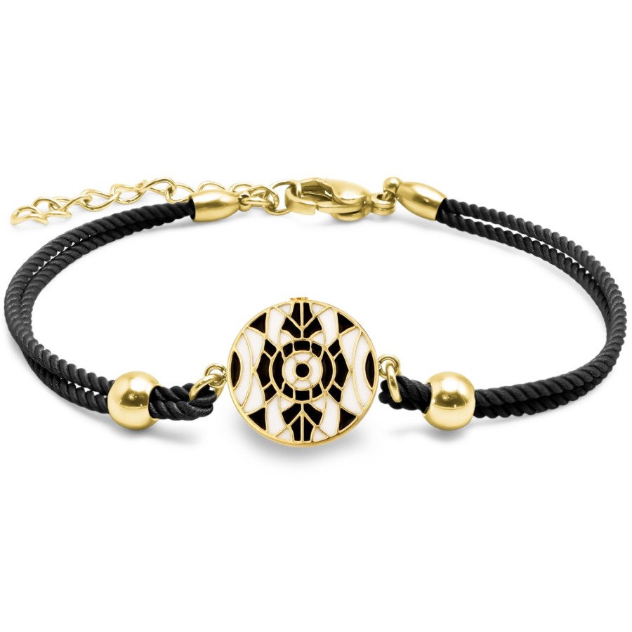 Bracelet acier PVD doré coton noir - email - diamètre 15mm - 15+5cm