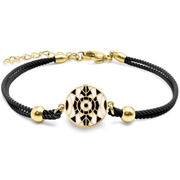Bracelet acier PVD doré coton noir - email - diamètre 15mm - 15+5cm