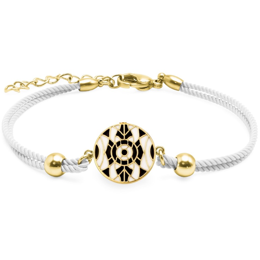 Bracelet acier PVD doré coton blanc - email - diamètre 15mm - 15+5cm