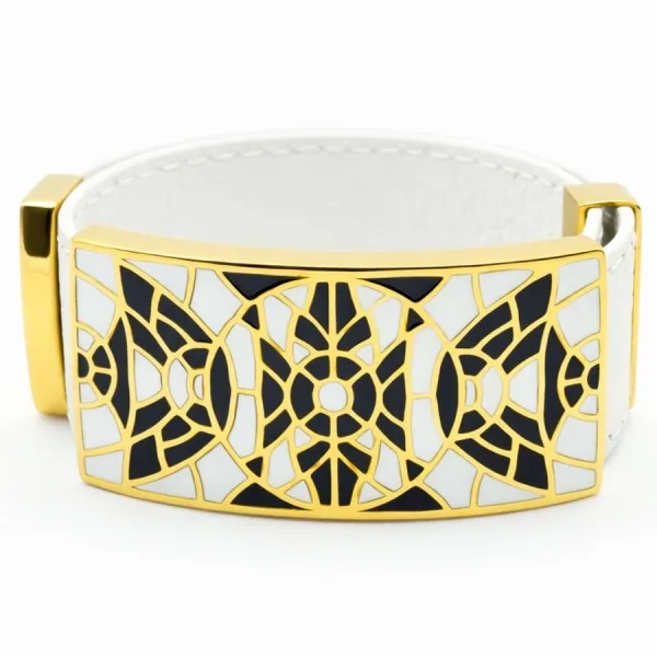 Bracelet acier PVD doré cuir blanc - email - largeur 2cm - réglable