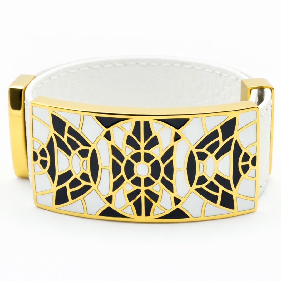 Bracelet acier PVD doré cuir blanc - email - largeur 2cm - réglable