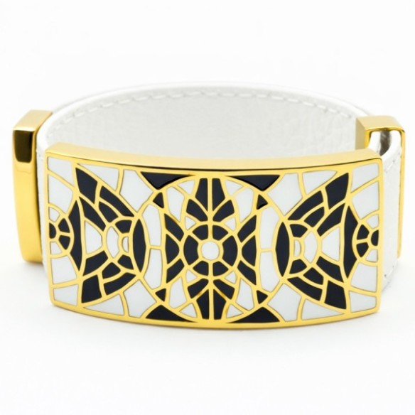 Bracelet acier PVD doré cuir blanc - email - largeur 2cm - réglable