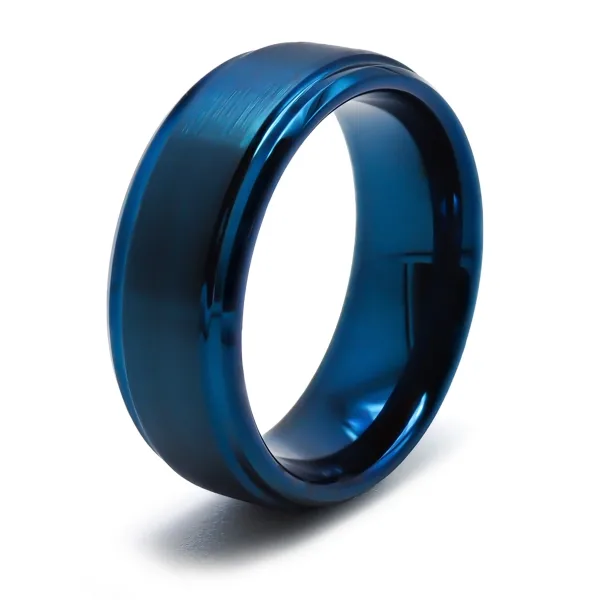 Bague Tungstène PVD Bleu - finition brossé - largeur 8mm - bords bi...
