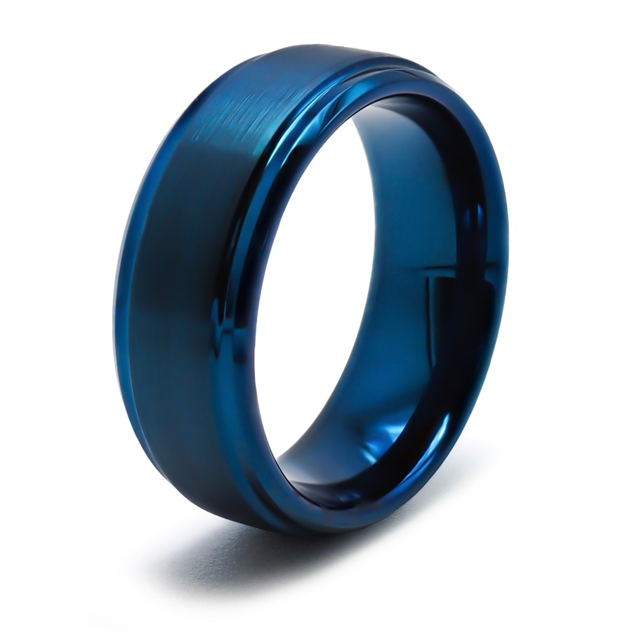 Bague Tungstène PVD Bleu - finition brossé - largeur 8mm - bords bi...