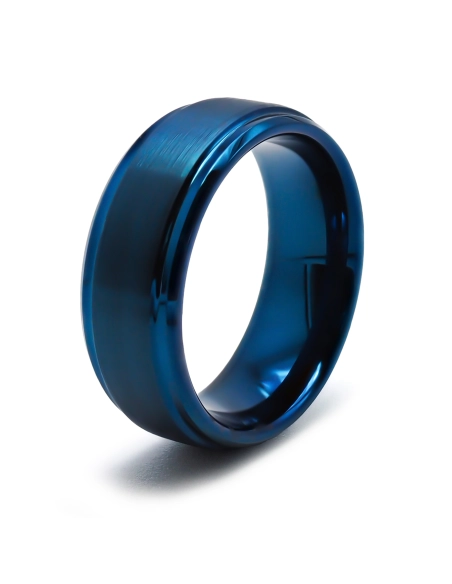 Bague Tungstène PVD Bleu - finition brossé - largeur 8mm - bords bi...