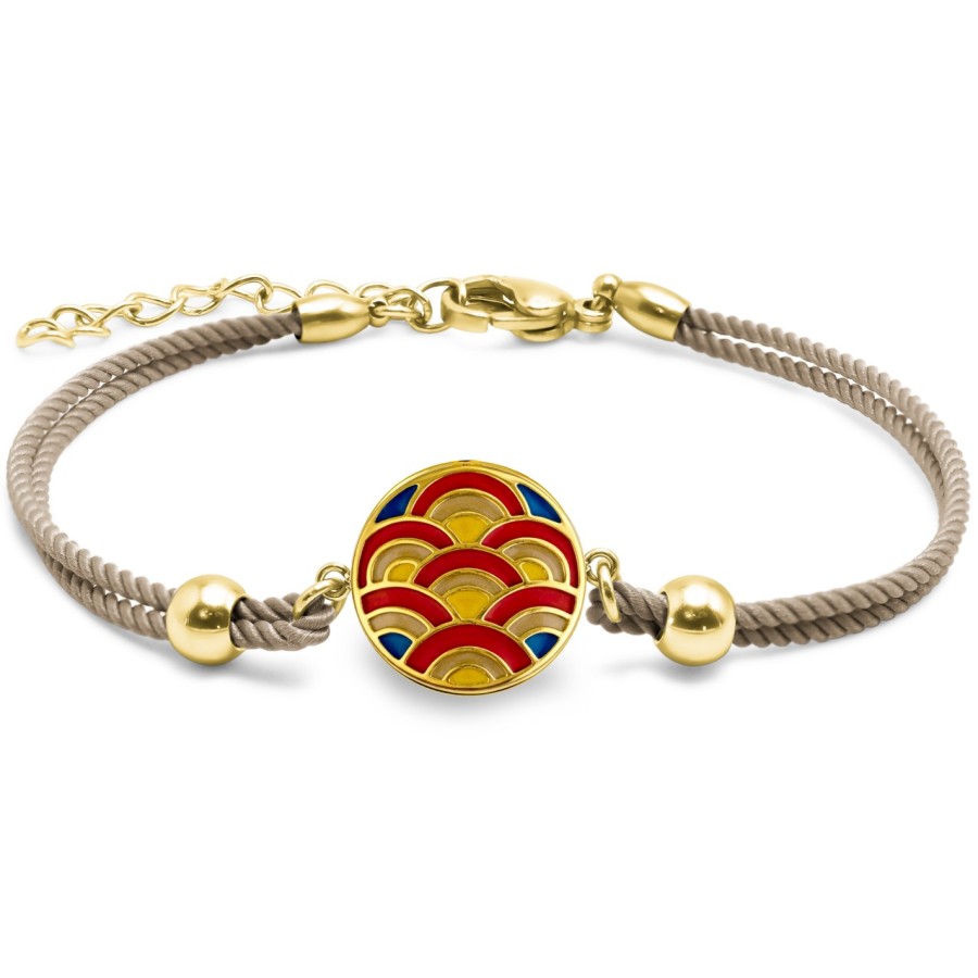Bracelet acier PVD doré coton marron - email - diamètre 15mm - 15+5cm