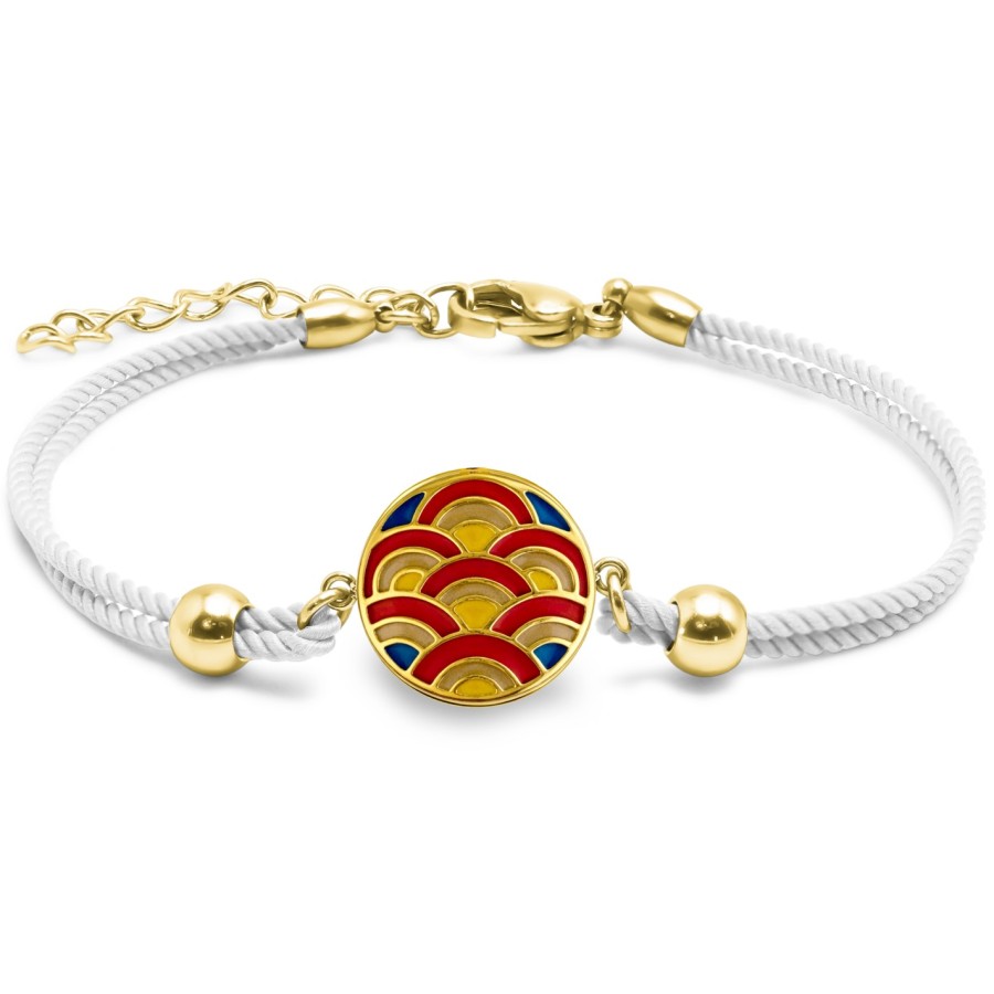 Bracelet acier PVD doré coton blanc - email - diamètre 15mm - 15+5cm