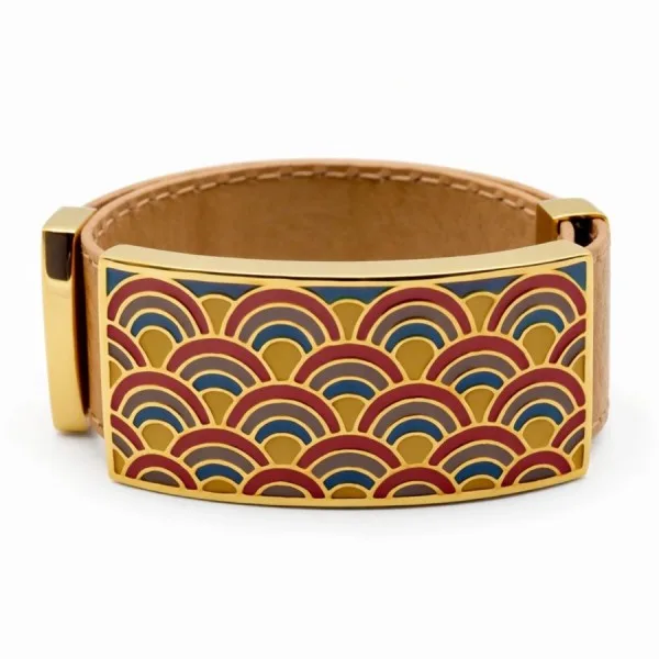 Bracelet acier PVD doré cuir marron - email - largeur 2cm - réglable
