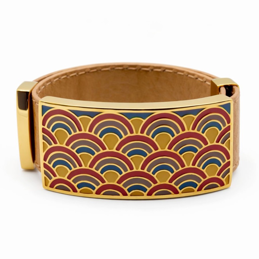 Bracelet acier PVD doré cuir marron - email - largeur 2cm - réglable