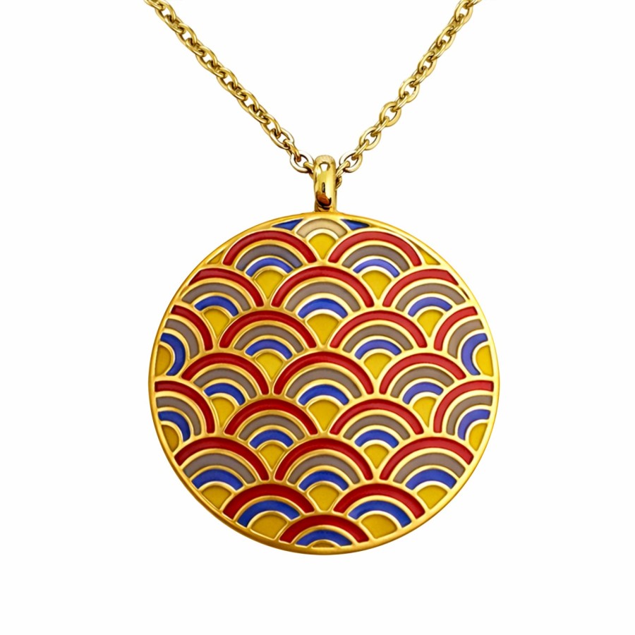 Collier acier PVD doré email - diamètre 32mm - 45+5cm